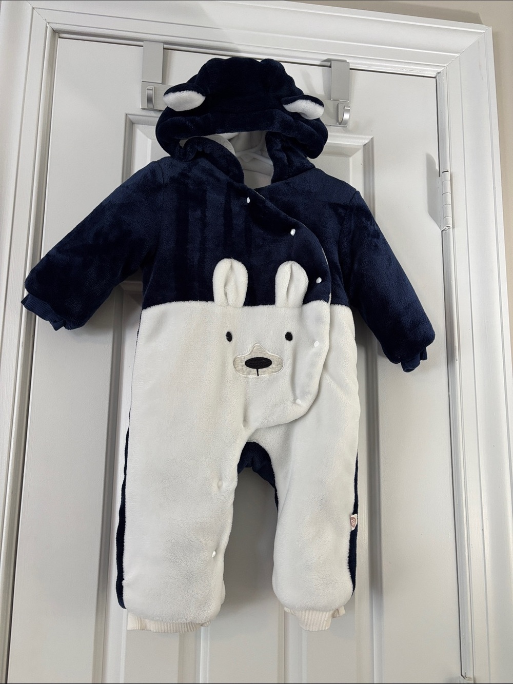 Navy & White Plush Bear Hooded Baby One-Piece by